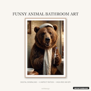 Funny Bear Bathroom Wall Art | Whimsical Animal Brushing Teeth Print | Digital Download 24x36