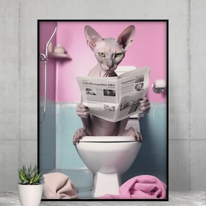 Adorable Sphynx Sitting on the Toilet Reading a Newspaper,Funny Bathroom Wall Decor, Funny Animals Print, Home Printables, AI Digital Art