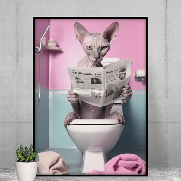 Adorable Sphynx Sitting on the Toilet Reading a Newspaper,Funny Bathroom Wall Decor, Funny Animals Print, Home Printables, AI Digital Art