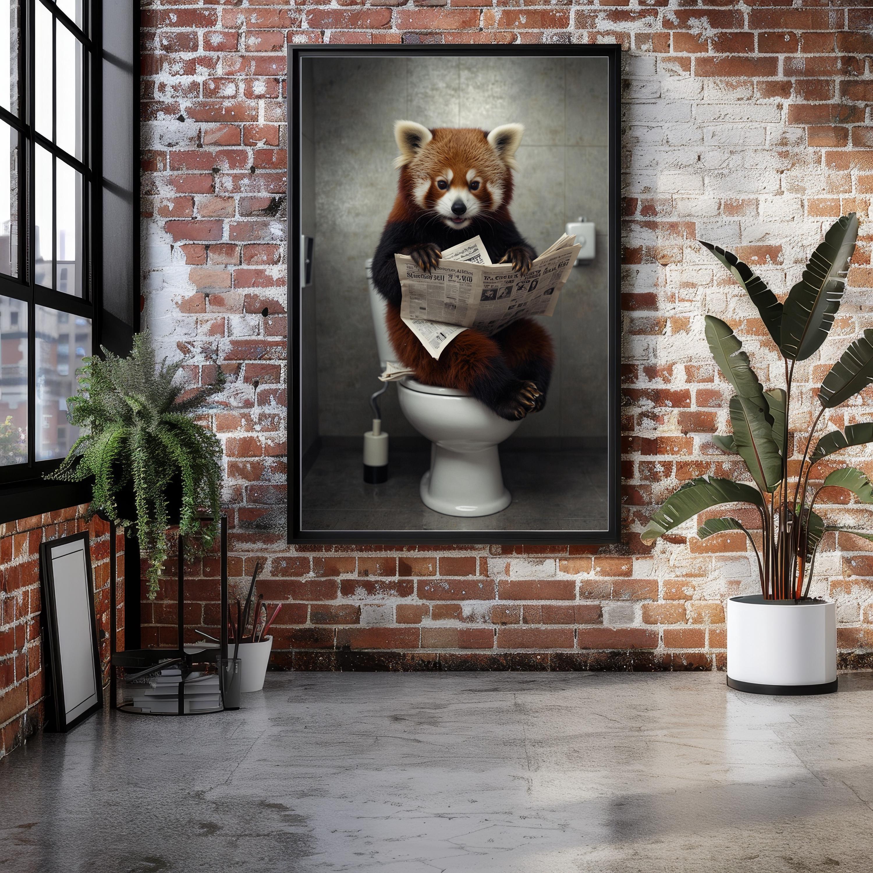 Funny Red Panda Reading Newspaper on Toilet Print | Bathroom Wall