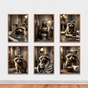 Funny Raccoon on Toilet, Wall Art Set of 6 Quirky Animal Prints, Toilet Humor Bathroom Art Funny, Cute Woodland Posters, Instant Printable