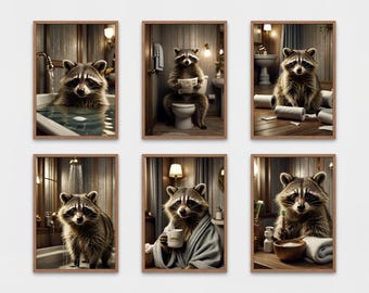 Funny Raccoon on Toilet, Wall Art Set of 6 Quirky Animal Prints, Toilet Humor Bathroom Art Funny, Cute Woodland Posters, Instant Printable
