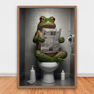 Hilarious Frog on Toilet Reading Newspaper, Funny Bathroom Wall Decor, Funny Animals Print, Home Printables, AI Digital Art
