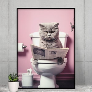 Adorable Cat Sitting on the Toilet Reading a Newspaper,Funny Bathroom Wall Decor, Funny Animals Print, Home Printables, AI Digital Art