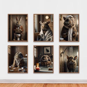 Funny Bunny Bathroom Wall Art, Set of 6 Quirky Rabbit Prints, Rustic Farmhouse Decor, Digital Download, Cute Woodland Posters