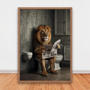Majestic Lion Reading Newspaper on Toilet, Funny Bathroom Wall Decor, Funny Animals Print, Home Printables, AI Digital Art