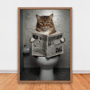 Funny Cat on Toilet Reading Newspaper, Funny Bathroom Wall Decor, Funny Animals Print, Home Printables, AI Digital Art, Adorable Cat Print