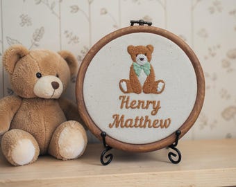 Personalised Teddy Bear Embroidery Hoop | Embroidered Baby Name Gift | Nursery Wall Decor | New Baby Keepsake | Baby Shower Gift