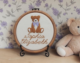 Personalised Teddy Bear Embroidery Hoop – Custom Baby Name Gift | Made to Order Nursery Keepsake