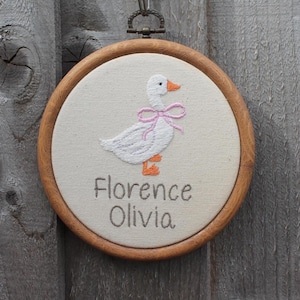 Personalised Goose Embroidery Hoop | Custom Baby Name Gift | Up to 2 Names | Nursery Wall Art | Bow & Text Colour Customisable