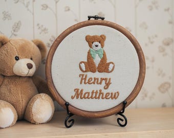 Personalised Teddy Bear Embroidery Hoop | Embroidered Baby Name Gift | Nursery Wall Decor | New Baby Keepsake | Baby Shower Gift