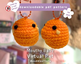 Häkelanleitung für ein virtuelles Haustier mit frechem Mund (PDF) ~ Häkelanleitung, Amigurumi, Videospiel, Kuscheltier, Marktvorbereitung, Schlüsselanhänger, Plüschtier, PDF-Download