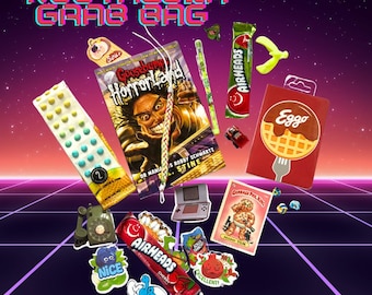May include: A collection of nostalgic items, including a Goosebumps book, Airheads candy, stickers, and a retro handheld game, arranged on a purple and pink background with the text "NOSTALGIA GRAB BAG".