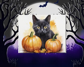 Gatto nero / arte della parete della zucca, tela d'arte di Halloween, arte della parete della zucca, arte della parete di Halloween, arte della parete stampa gatto nero, decorazione della parete di caduta