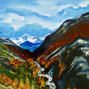 Patagonia mountain range in snow oil painting.