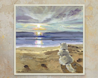 Golden retriever at the beach painting. Giclee Art Print. White dog on the sand facing the ocean.