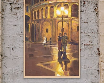 European Street at Night Oil Painting. Giclee Art Print. Plaza del Toros, Valencia, Spain.