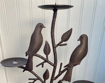 Vintage Bronze Brown Metal Birds On Branches Candleholder