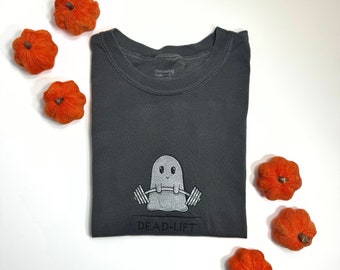 Embroidered Ghost Deadlifting Comfort Colors Tee, Ghost Deadlifting Embroidered Ultra Soft Tee