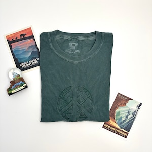 Embroidered Mountain Nature Peace Sign Comfort Colors Tee, Mountain Nature Peace Sign Embroidered Ultra Soft Tee, Monochromatic TShirts
