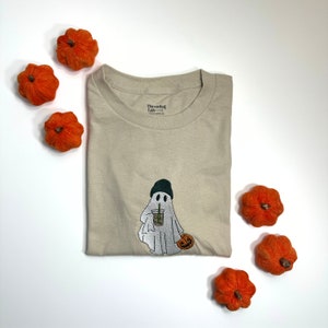 Embroidered Fall Ghost Drinking Iced Coffee Comfort Colors Tee, Fall Ghost Drinking Iced Coffee Embroidered Ultra Soft Tee