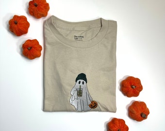 Embroidered Fall Ghost Drinking Iced Coffee Comfort Colors Tee, Fall Ghost Drinking Iced Coffee Embroidered Ultra Soft Tee