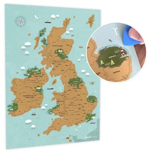 May include: A brown and beige scratch-off map of the British Isles. The map is on a light blue background with white clouds. The map is divided into regions, including Scotland, England, Wales, Northern Ireland, and the Republic of Ireland. The map is designed to be scratched off as you travel to different locations.