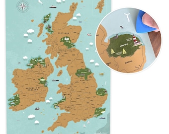 UK & Ireland Scratch Off Map – A2 Travel Poster, Illustrated Landmarks