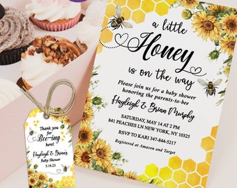 Editable Sunflower Bee Baby Shower Invitation, Bee Baby Shower Invitation, A Little Honey Is On The Way Baby Shower Invite, Instant Download