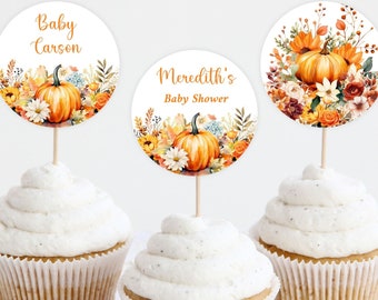 Editable Pumpkin Cupcake Toppers, Pumpkin Baby Shower Cupcake Toppers, Fall Baby Shower Cupcake Toppers, Instant Download, P01