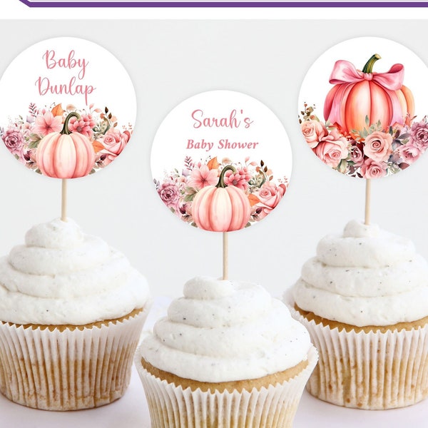 Editable Pink Pumpkin Cupcake Toppers, Pumpkin Baby Shower Cupcake Toppers, Fall Baby Shower Cupcake Toppers, Instant Download, PP01