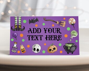 May include: Purple printable Halloween favor tag with a witch's legs, a bat, a broom, a cauldron, a pumpkin, a candy cane, and a potion bottle. The text "ADD YOUR TEXT HERE" is in black.