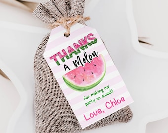 Peut inclure: Une étiquette de remerciement à rayures roses et blanches avec une illustration de pastèque et le texte "Merci un melon pour avoir rendu ma fête si douce ! Avec amour, Chloé".