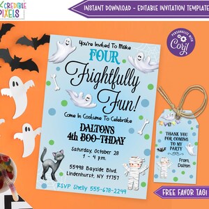 May include: A blue and green Halloween party invitation with a ghost and mummy design. The invitation says "You're invited to make four frightfully fun!" and "Dalton's 4th Boo-Thday". It includes the date, time, address, and RSVP information. A free favor tag is included with the text "Thank you for coming to my party. From, Dalton."