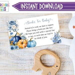 Blue Pumpkin Books For Baby Enclosure Card, Pumpkin Baby Shower Books For Baby, Book Request Insert, Instant Download,  Printable - BP01