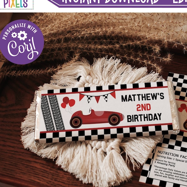 Printable Race Car Candy Bar Wrapper, Racing Car Chocolate Bar Wrapper, Candy Bar Label, Instant Download, Editable, RC01