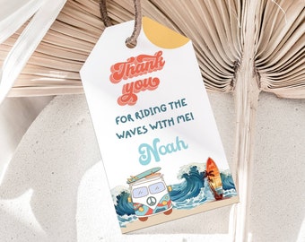 May include: A colorful thank you tag with a retro van and waves. The tag says "Thank you for riding the waves with me, Noah".