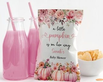May include: A white chip bag with a pink floral design and the text "a little pumpkin is on her way Sarah's Baby Shower".
