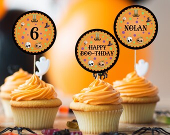 Redigerbara Halloween-festmuffinsdekorationer, Halloween-födelsedagsmuffinsdekorationer, Halloween-muffinsdekorationer, direktnedladdning, utskrivbara