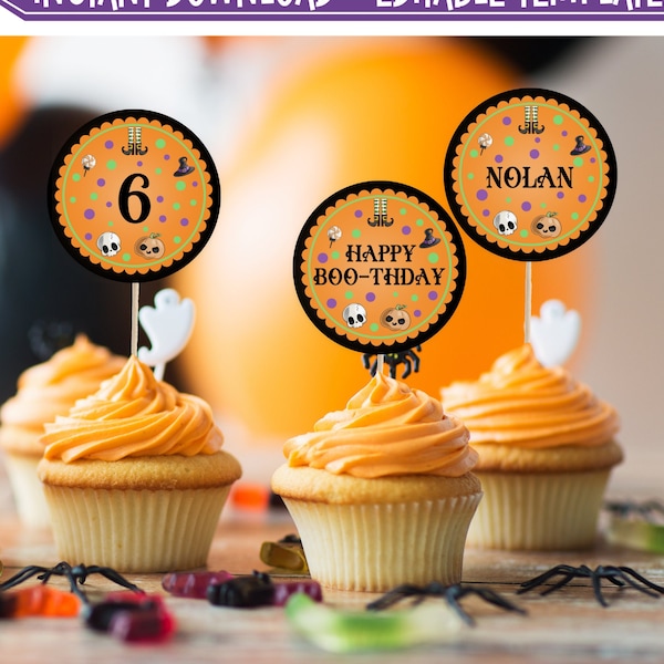 Editable Halloween Party Cupcake Toppers, Halloween Birthday Cupcake toppers, Halloween Cupcake Toppers, Instant Download, Printable