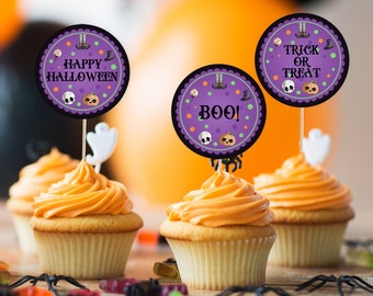 Redigerbara Halloween-festmuffinsdekorationer, Halloween-födelsedagsmuffinsdekorationer, Halloween-muffinsdekorationer, direktnedladdning, utskrivbara