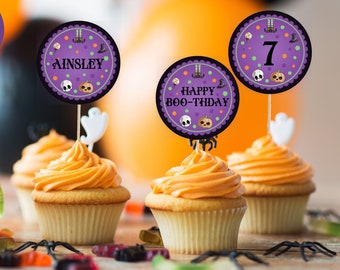 Redigerbara Halloween-festmuffinsdekorationer, Halloween-födelsedagsmuffinsdekorationer, Halloween-muffinsdekorationer, direktnedladdning, utskrivbara