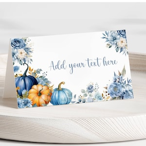 Bewerkbare blauwe pompoen voedsel tent kaart, herfst baby shower partij buffet voedsel label, pompoen plaats kaart, gevouwen tent kaart, Instant Download, BP01