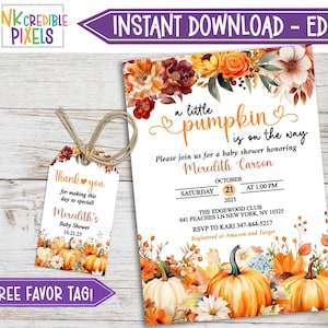 Printable Pumpkin Baby Shower Invitation, Fall Pumpkin Baby Shower Invitation, Editable A Little Pumpkin Baby Shower Invite - P01