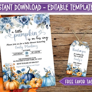Printable Blue Pumpkin Baby Shower Invitation, Editable Fall Pumpkin Baby Shower Invitation, A Little Pumpkin Baby Shower Invite - BP01
