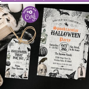May include: A printable Halloween party invitation with a spooky vintage design. The invitation features a black and white illustration of a skull, a raven, a pumpkin, and a skeleton. The text on the invitation reads "Spooktacular Halloween Party" and includes the date, time, and location of the party. The invitation also encourages guests to wear costumes.