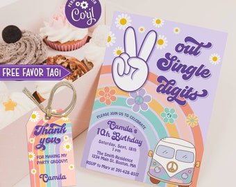 Printable Peace Out Single Digits Birthday Party Invitation, Editable Retro Hippie Peace Sign 10th Party Invite Template, Download, GB1