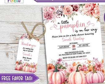 Printable Pink Pumpkin Baby Shower Invitation, Fall Pumpkin Baby Shower Invitation, Editable A Little Pumpkin Baby Shower Invite - PP01