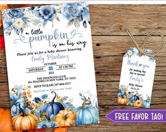Printable Blue Pumpkin Baby Shower Invitation, Editable Fall Pumpkin Baby Shower Invitation, A Little Pumpkin Baby Shower Invite - BP01