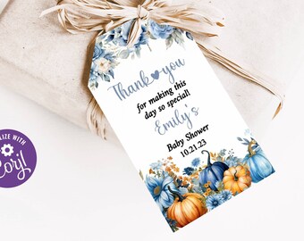 Editable Pumpkin Baby Shower Favor Tag, Blue Pumpkin Baby Shower Thank You Tag, Fall Baby Shower Favor Tag, Thank You Tags - BP01